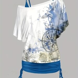 Blue and White Off-Shoulder Top with compass graphic and matching under tank top